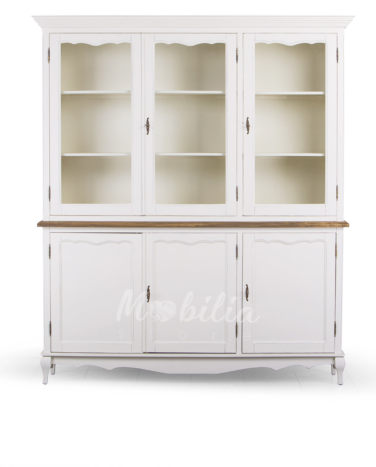 Vetrina in legno stile provenzale, tre scomparti, colore avorio