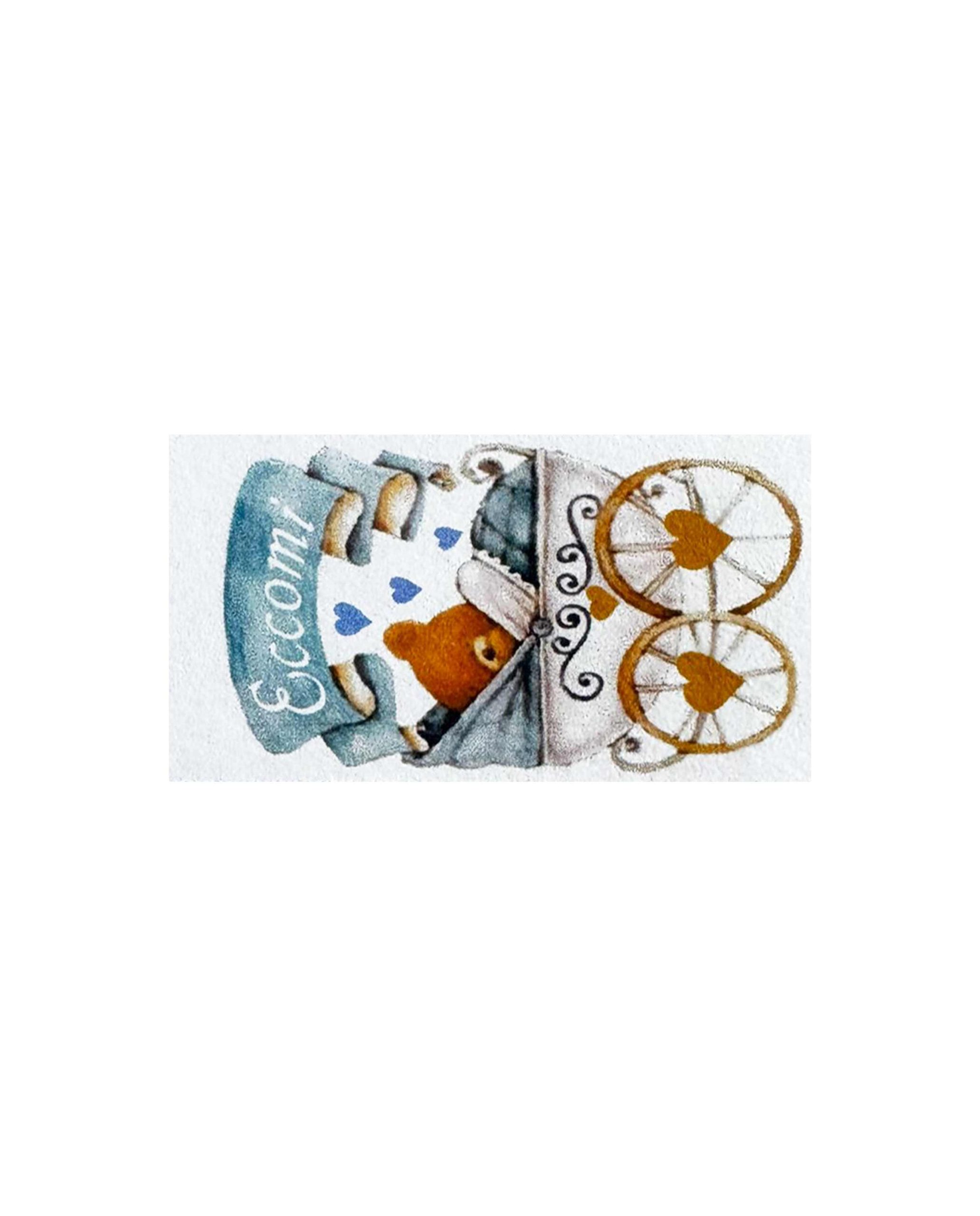 Set di 10 biglietti orsetto con culla azzurra