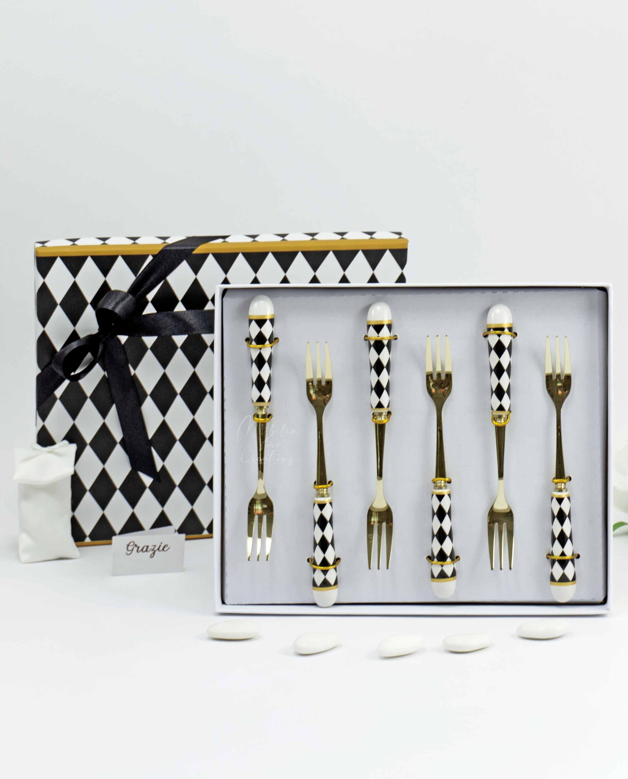 Bomboniera Set di 6 forchettine con manico decoro scacchi