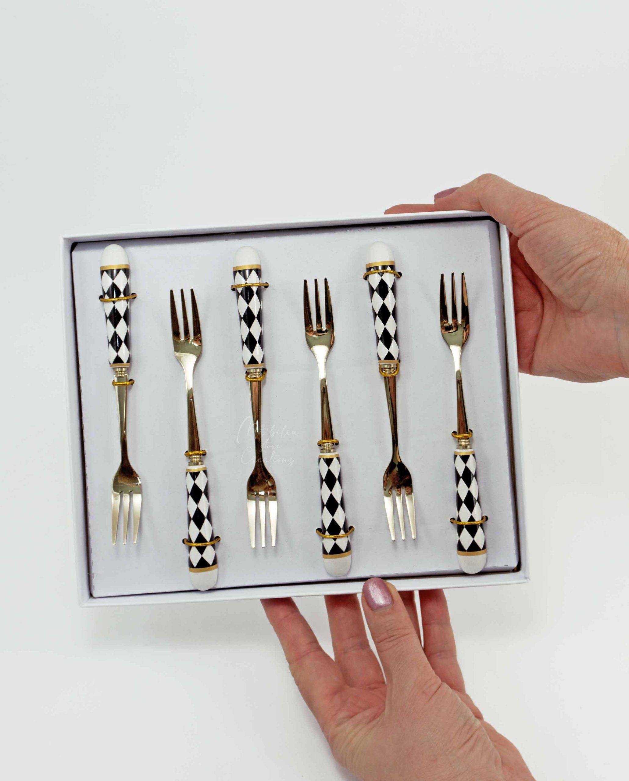 Bomboniera Set di 6 forchettine con manico decoro scacchi - immagine 3