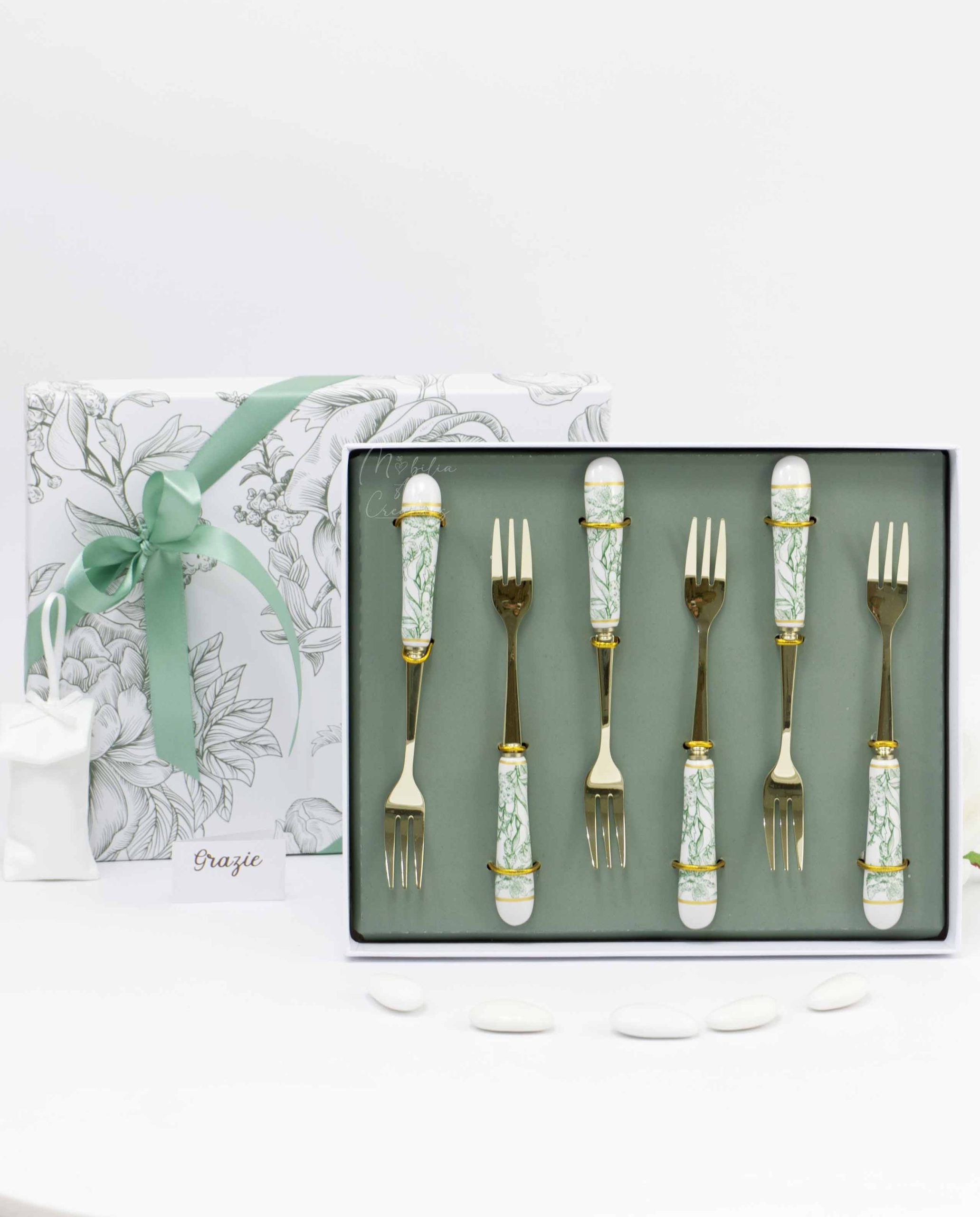Bomboniera Set di 6 forchettine con manico decoro floreale vari colori
