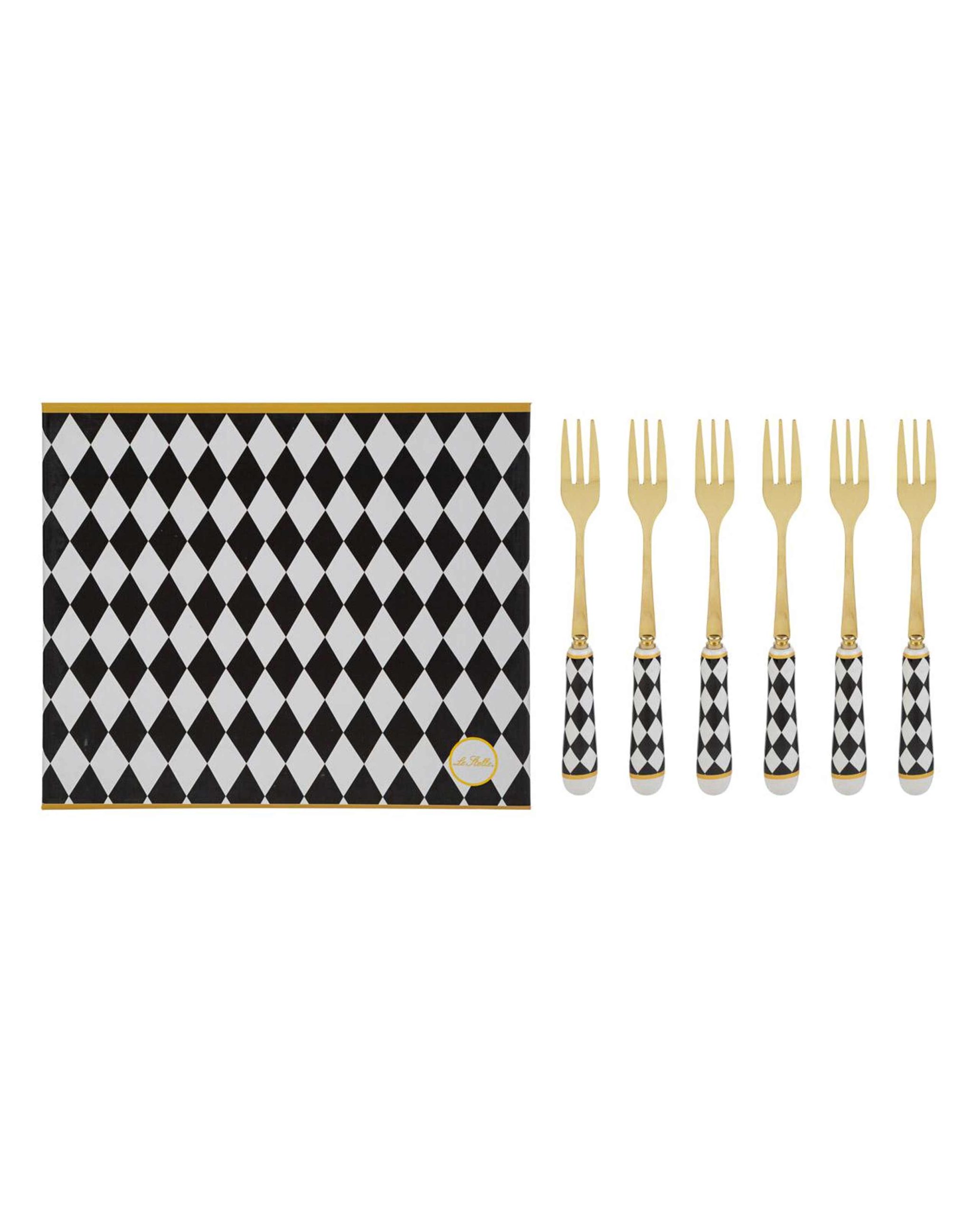 Set di 6 forchettine con manico decoro scacchi e scatola regalo