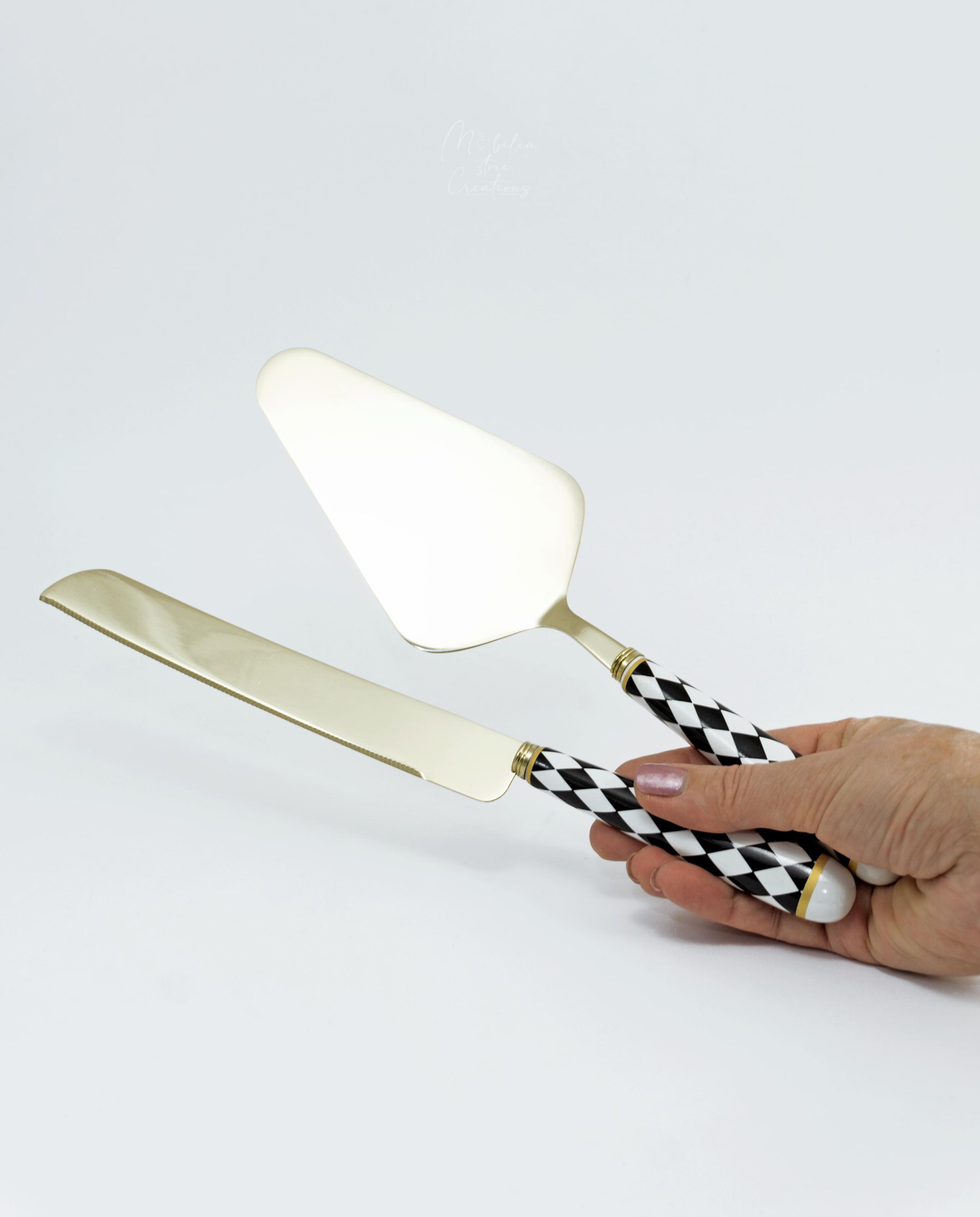 Bomboniera Pala torta e coltello decoro scacchi - immagine 2