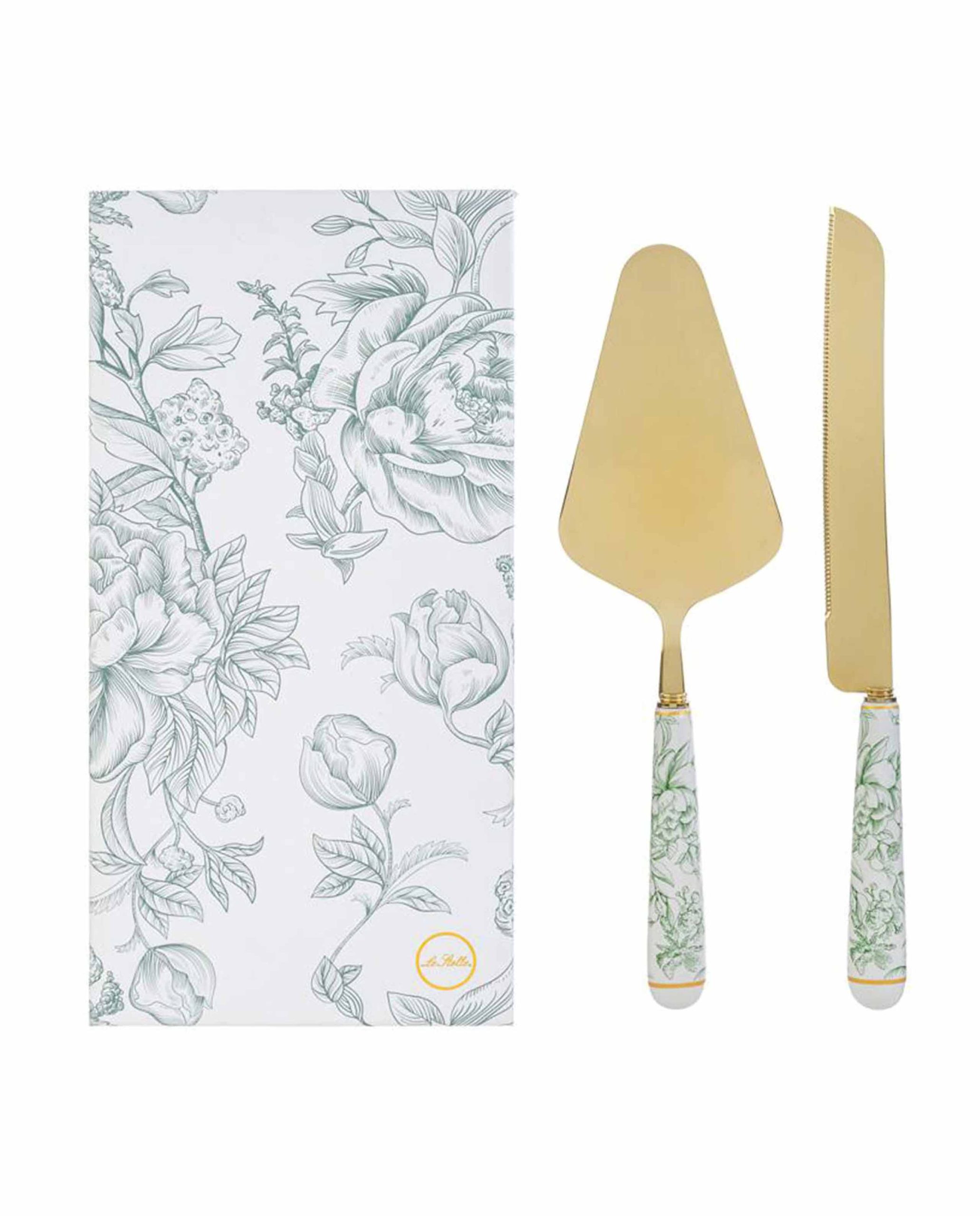 Pala torta e coltello decoro floreale vari colori e scatola regalo