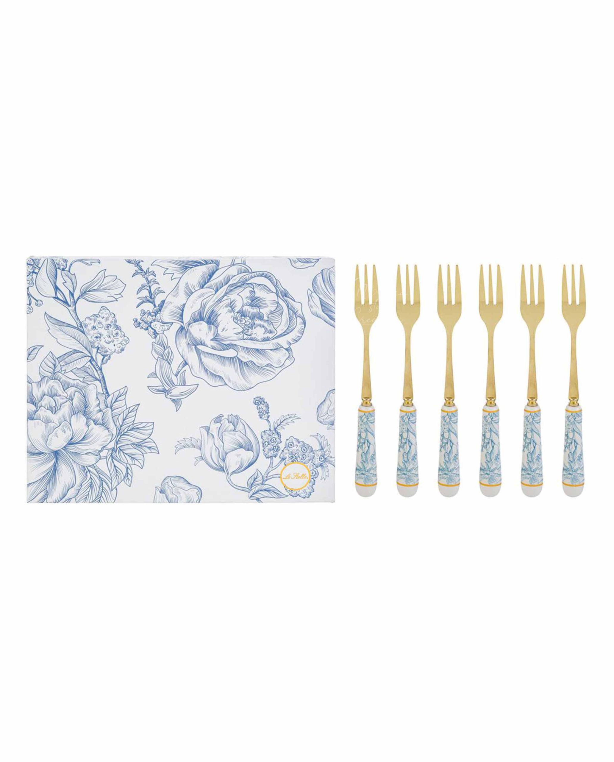 Set di 6 forchettine con manico decoro floreale vari colori e scatola regalo